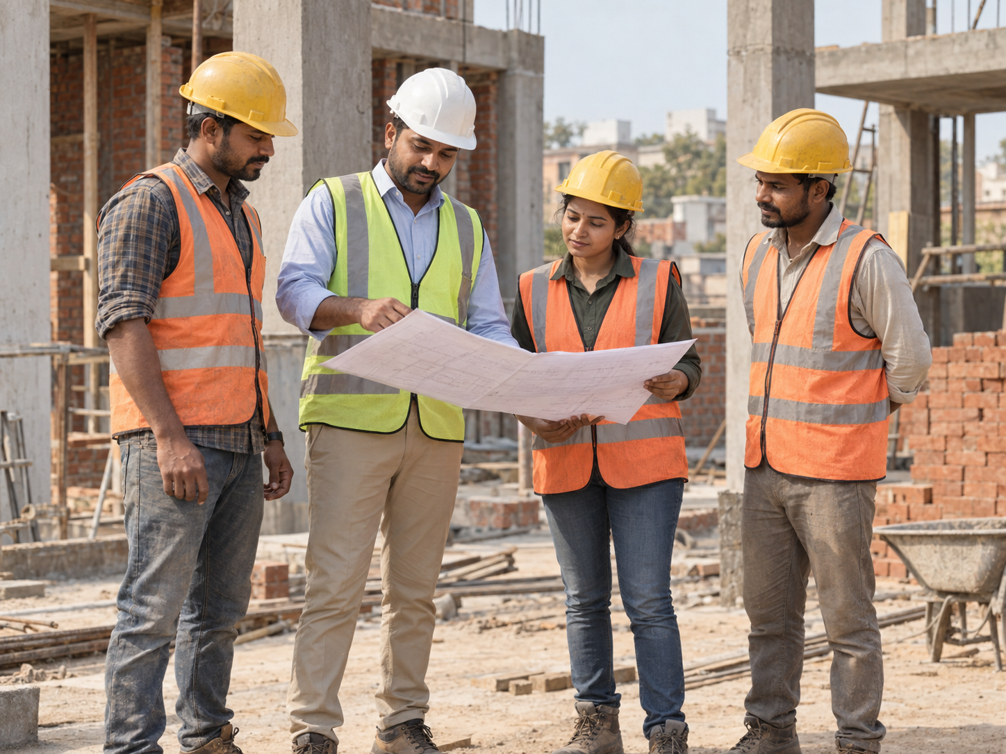 Construction team reviewing plans